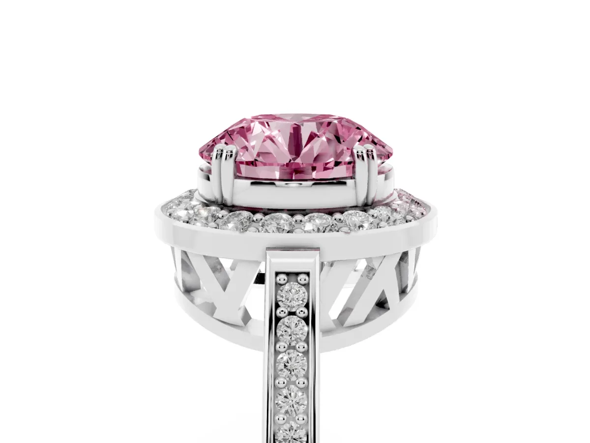 Fancy Pink Round Cut Diamond Halo Ring with Split Shank and Four-Prong Setting Platinum