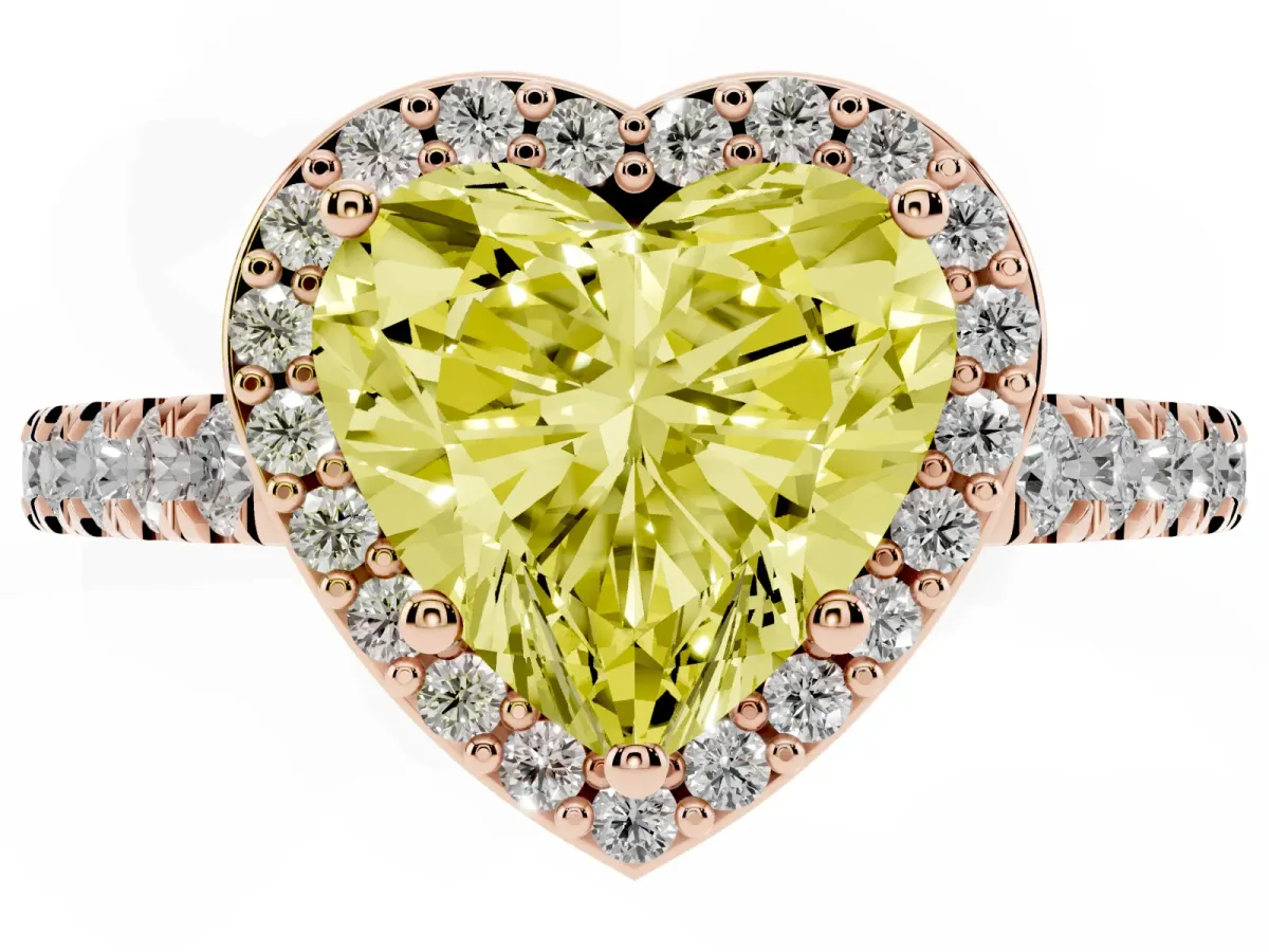 Fancy Yellow Heart Cut Cut Halo Diamond Engagement Ring with Pave Band and Four-Prong Setting Rose gold