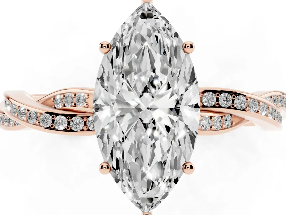 Marquise Cut Solitaire Twisted Pave Diamond Ring with Four-Prong Setting Rose gold