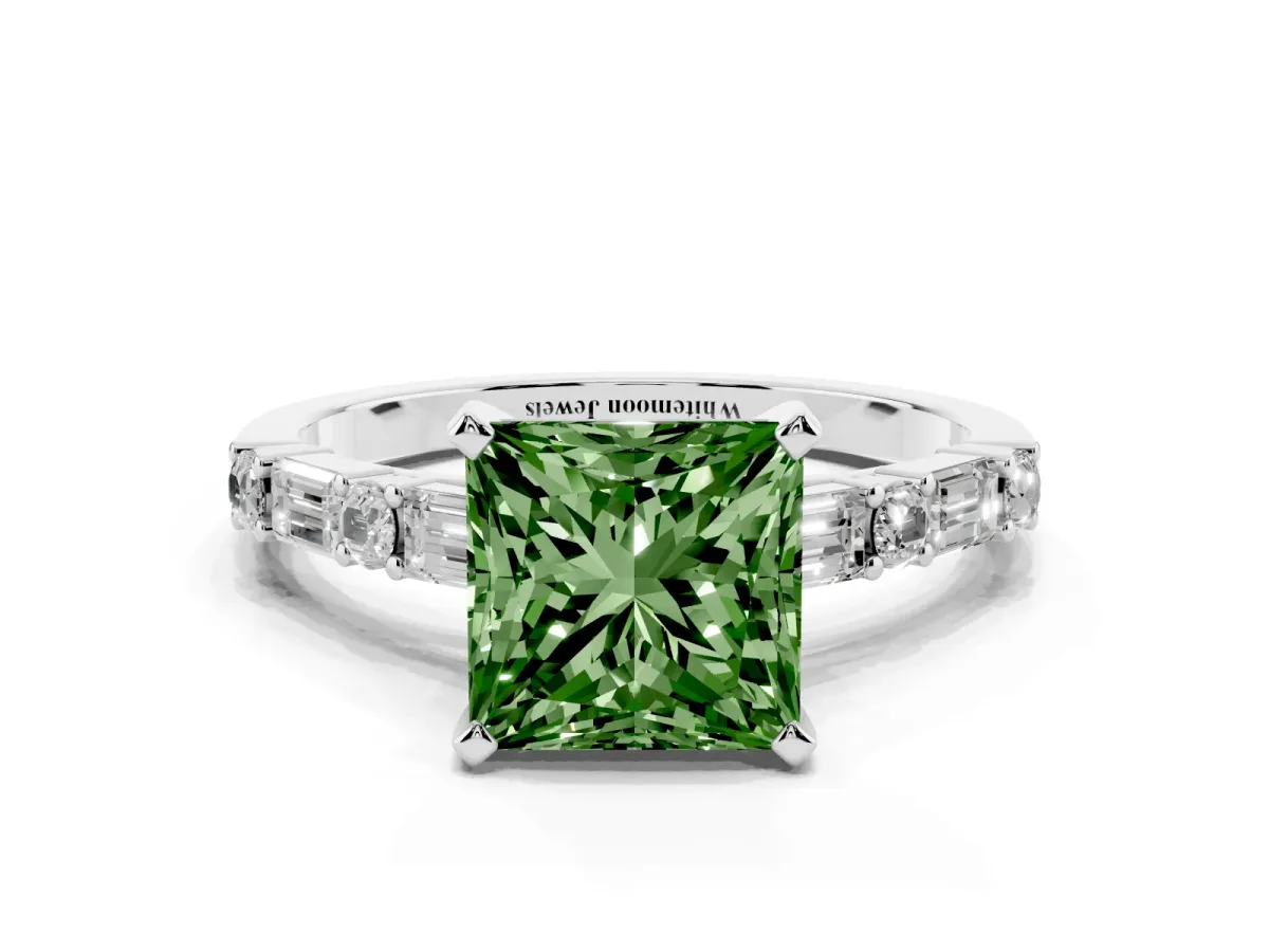 Fancy Green Princess Cut Diamond Solitaire with Side Baguettes and Channel Set Band Platinum