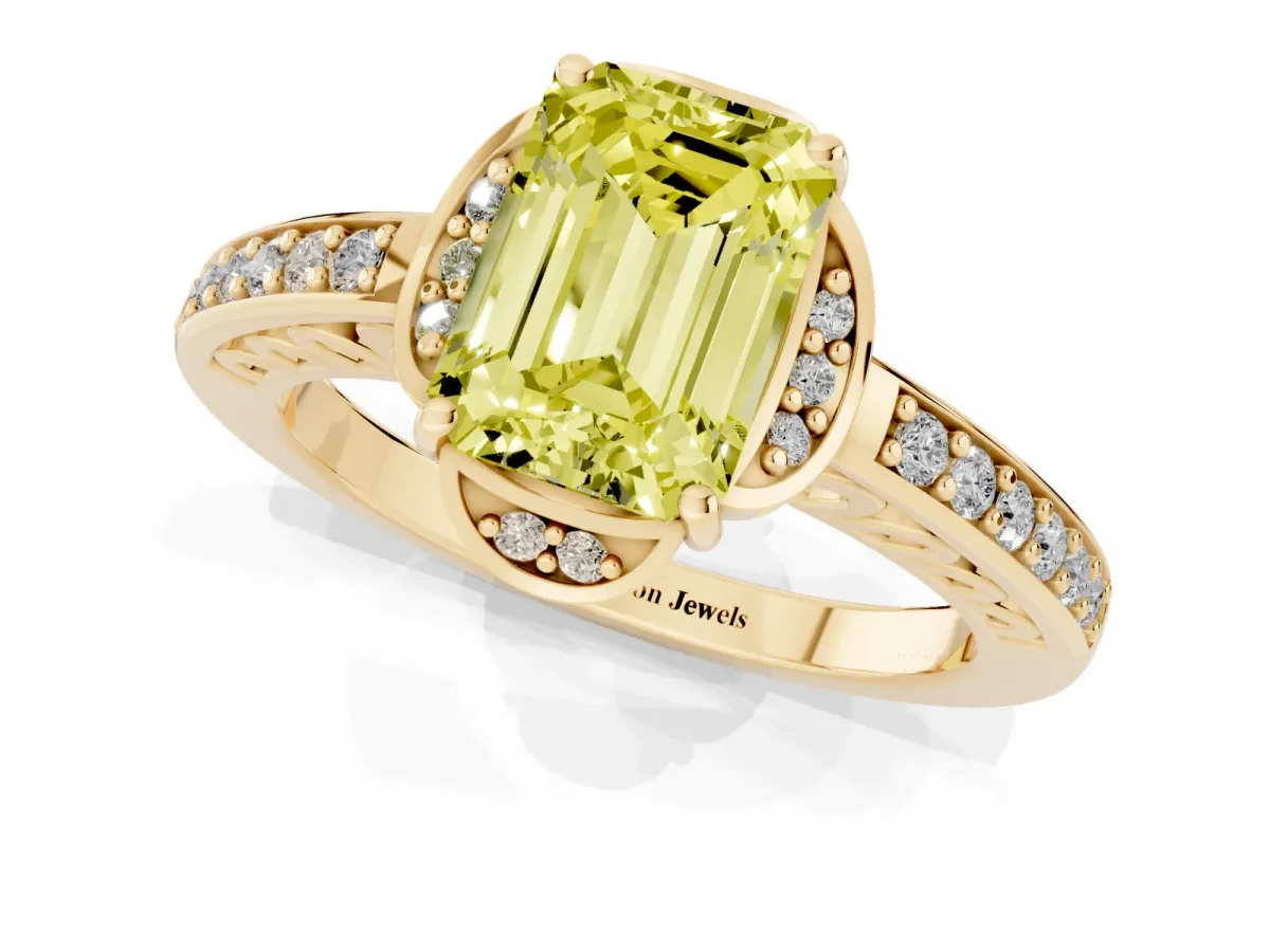 Fancy Yellow Emerald Cut Cut Halo Diamond Ring with Channel Set Band and Four-Prong Setting Yellow gold