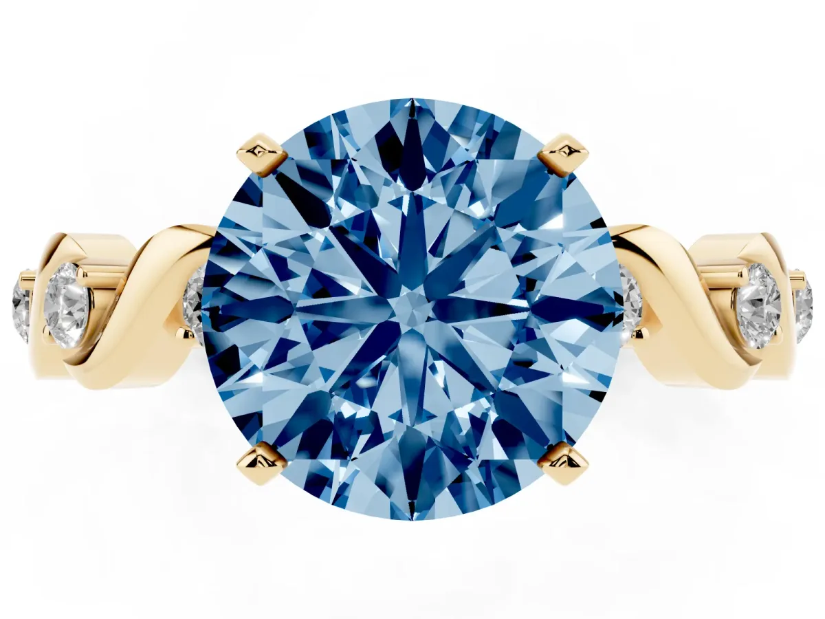 Fancy Blue Round Cut Diamond Solitaire Twisted Band with Round Accents and Prong Setting Yellow gold