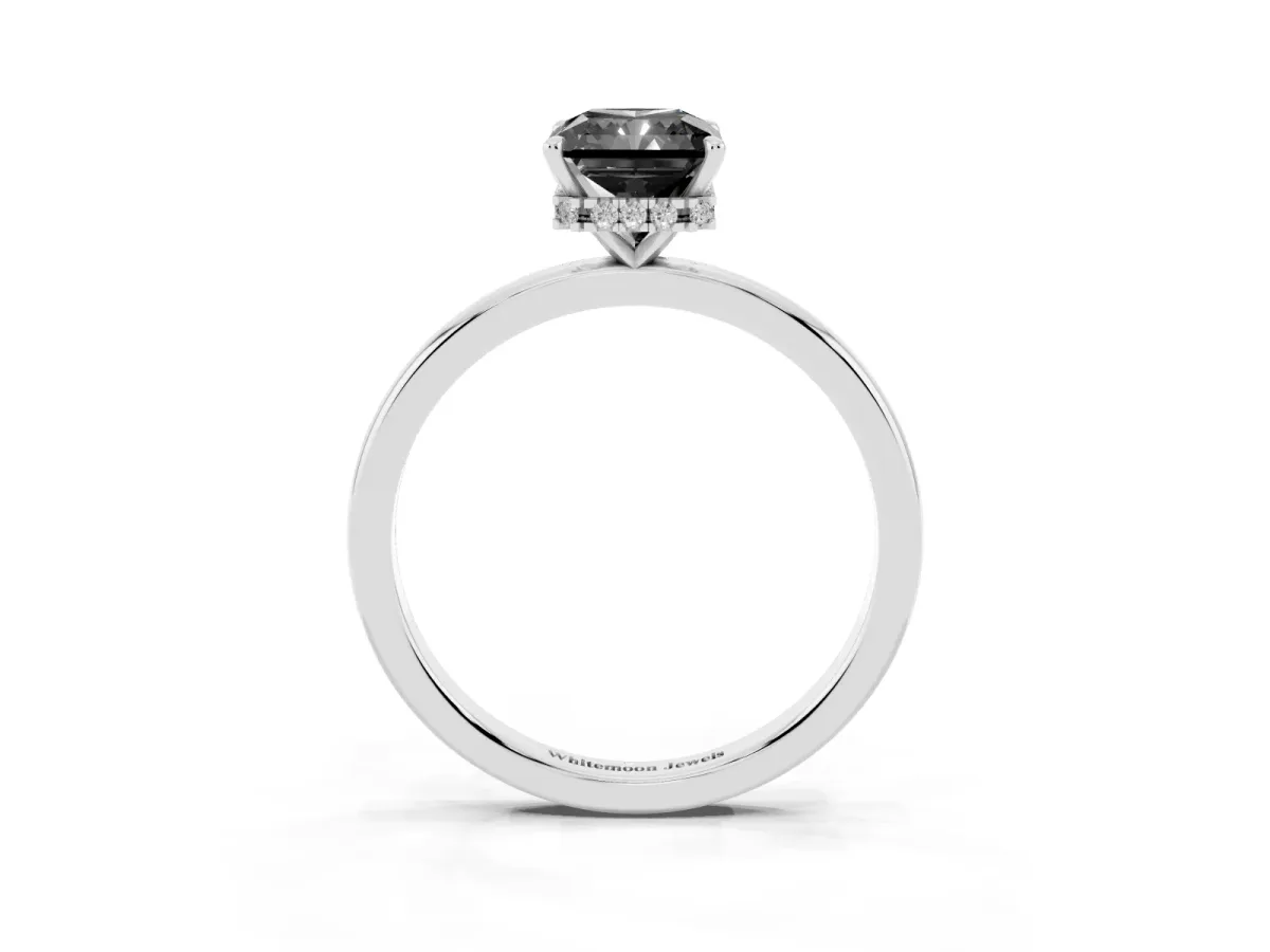 Fancy Black Radiant Cut Solitaire Engagement Ring with Cathedral Band and Four-Prong Setting Silver