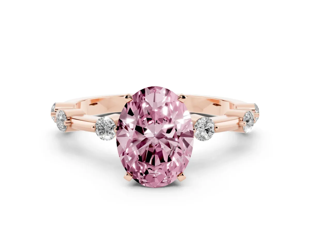 Fancy Pink Oval Cut Solitaire Diamond Ring with Bezel Set Side Stones and Prong Setting Rose gold