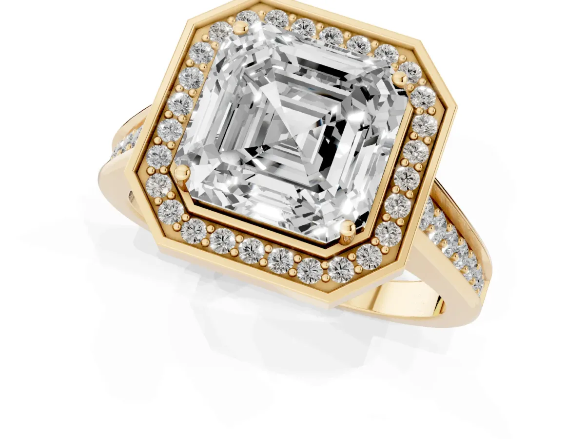 Asscher Cut Halo Solitaire Diamond Ring with Pave Band and Bezel Setting Yellow gold