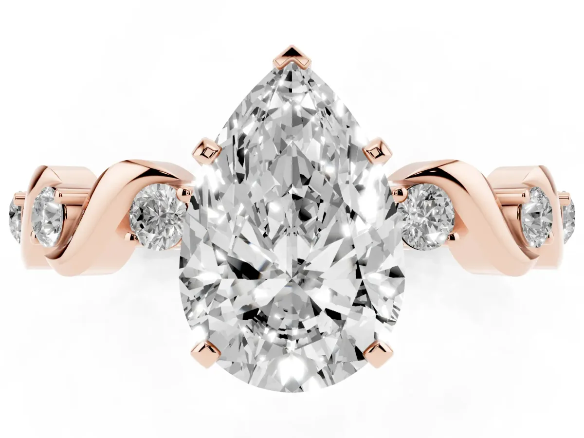 Pear Cut Diamond Solitaire Twisted Band with Round Accents and Prong Setting Rose gold