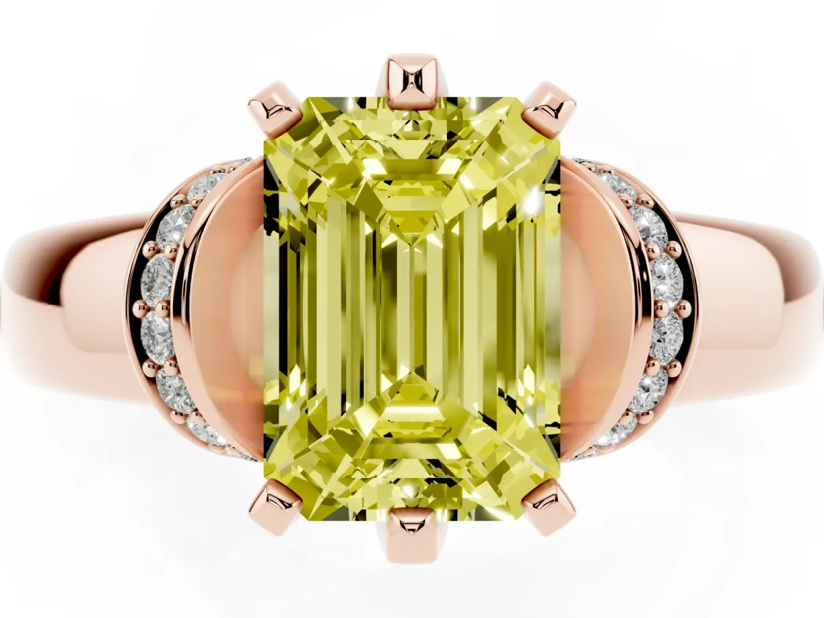 Fancy Yellow Emerald Cut Solitaire Diamond Ring with Pave Band and Six-Prong Setting Rose gold