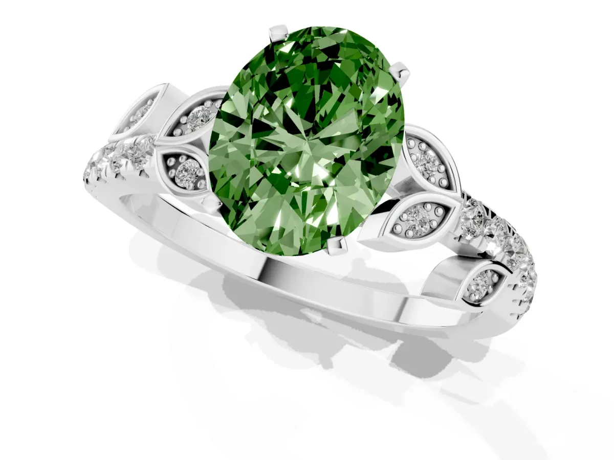 Fancy Green Oval Cut Solitaire Leaf-Inspired Diamond Ring with Pavé Band and Four-Prong Setting Silver