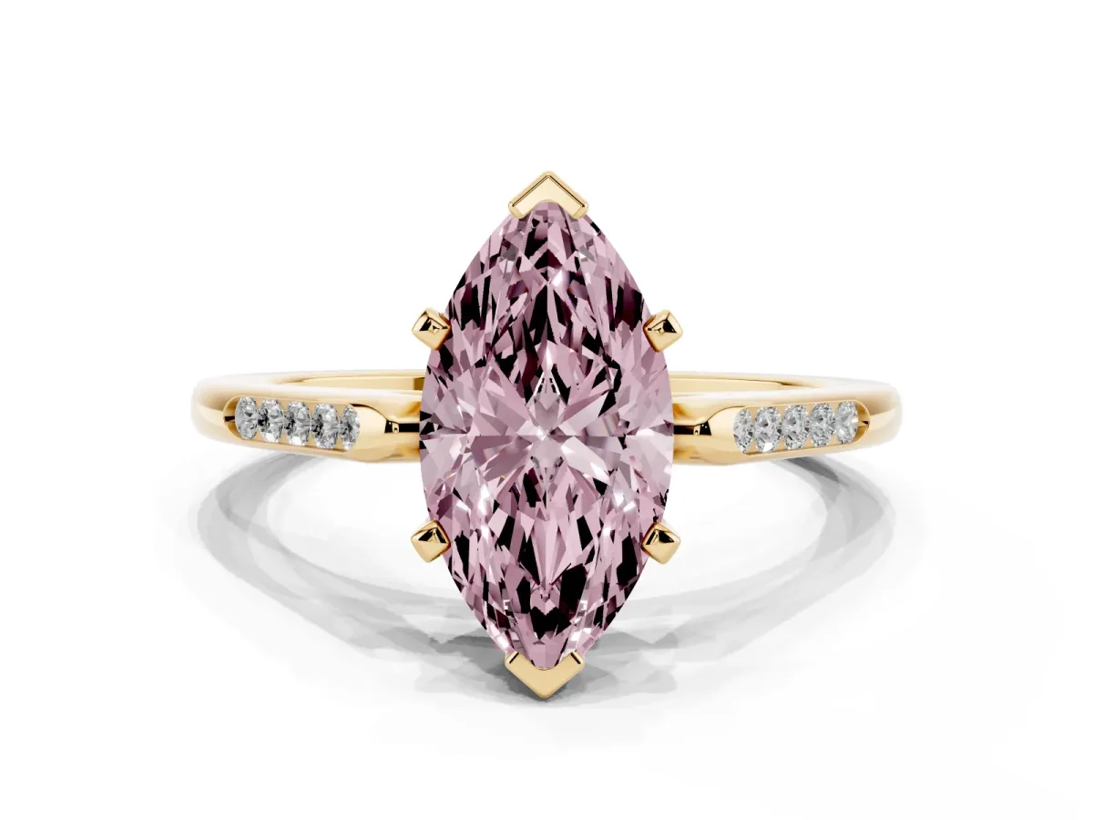 Fancy Pink Marquise Cut Diamond Solitaire Ring with Channel Set Round Band and Prong Setting Yellow gold