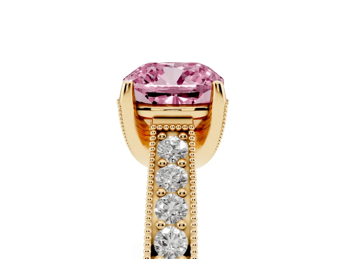 Fancy Pink Cushion Cut Cut Diamond Solitaire Ring with Milgrain Pave Band and Four Prong Setting Yellow gold