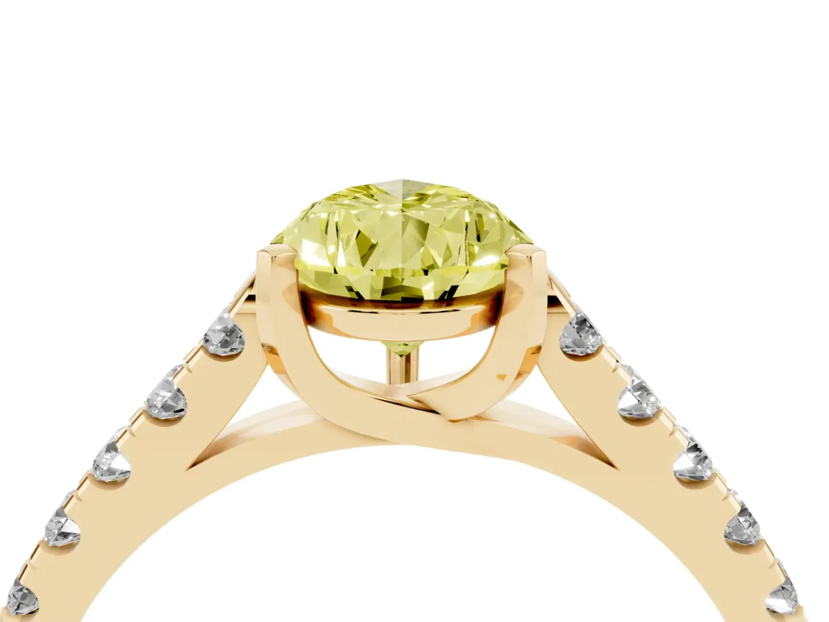 Fancy Yellow Pear Cut Diamond Pavé Band Solitaire Ring with Prong Setting Yellow gold