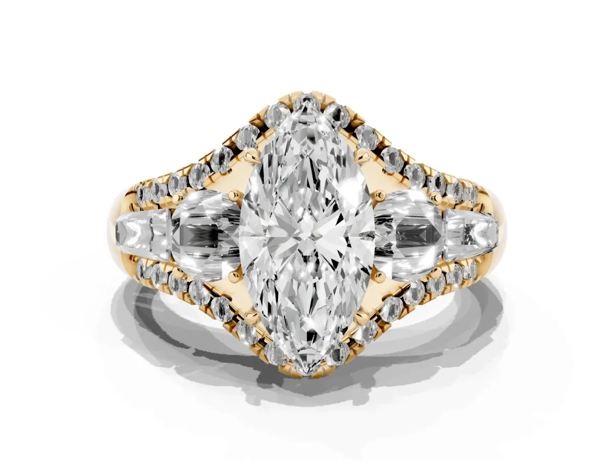 Three-Stone Marquise Cut Diamond Engagement Ring with Pave Band and Prong Setting Yellow gold