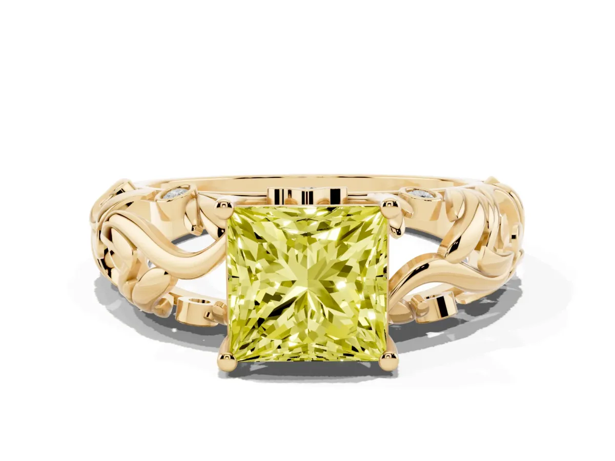 Fancy Yellow Princess Cut Solitaire Diamond Leaf-Inspired Vine Band Ring with Prong Setting Yellow gold