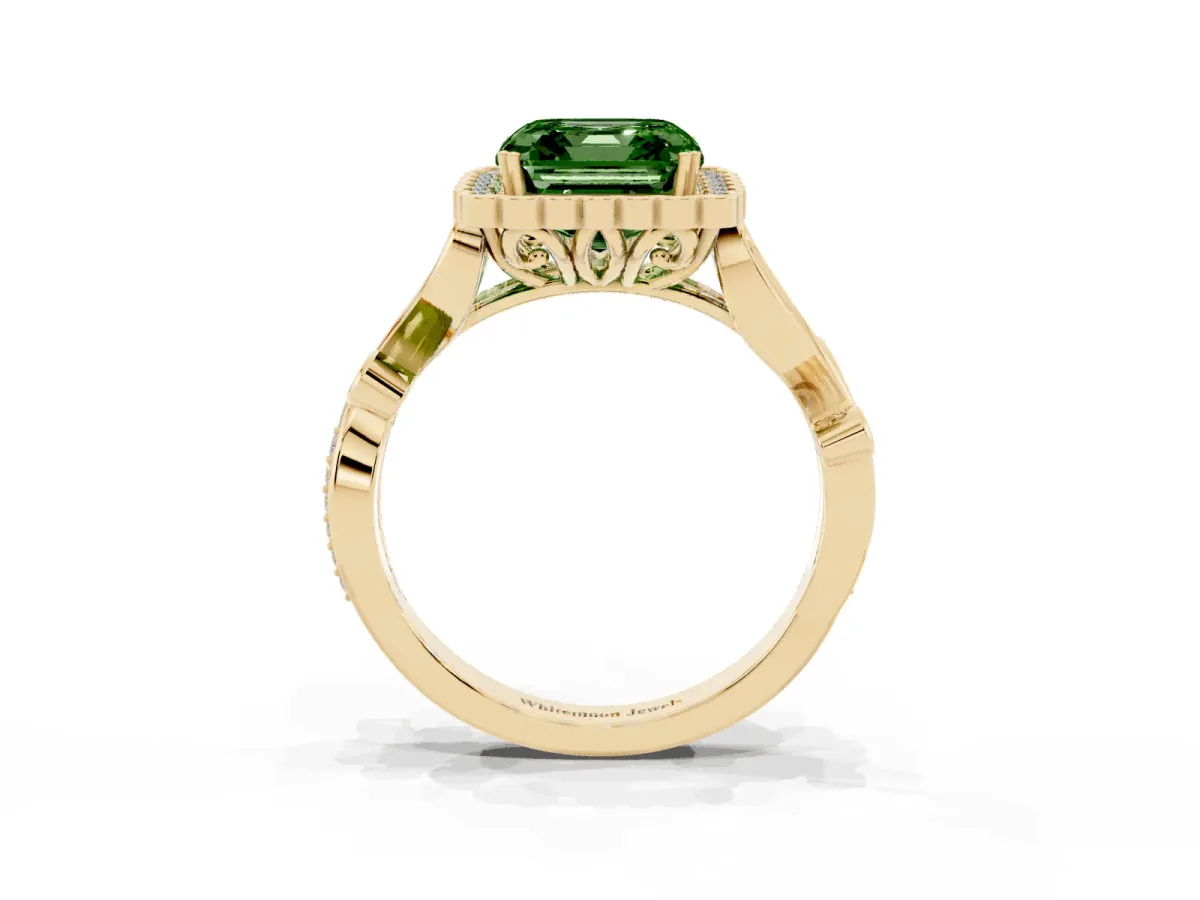 Fancy Green Asscher Cut Diamond Halo Ring with Vintage Split Shank and Four-Prong Setting Yellow gold