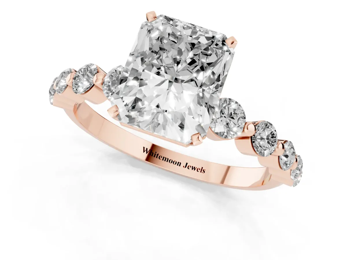 Radiant Cut Solitaire Diamond Ring with Pave Band and Four-Prong Setting Rose gold