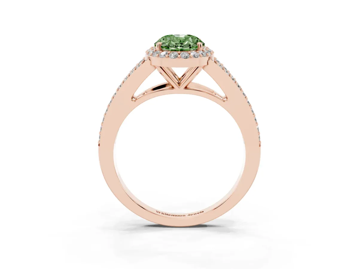 Fancy Green Oval Cut Halo Split Shank Pave Diamond Ring with Four-Prong Setting Rose gold