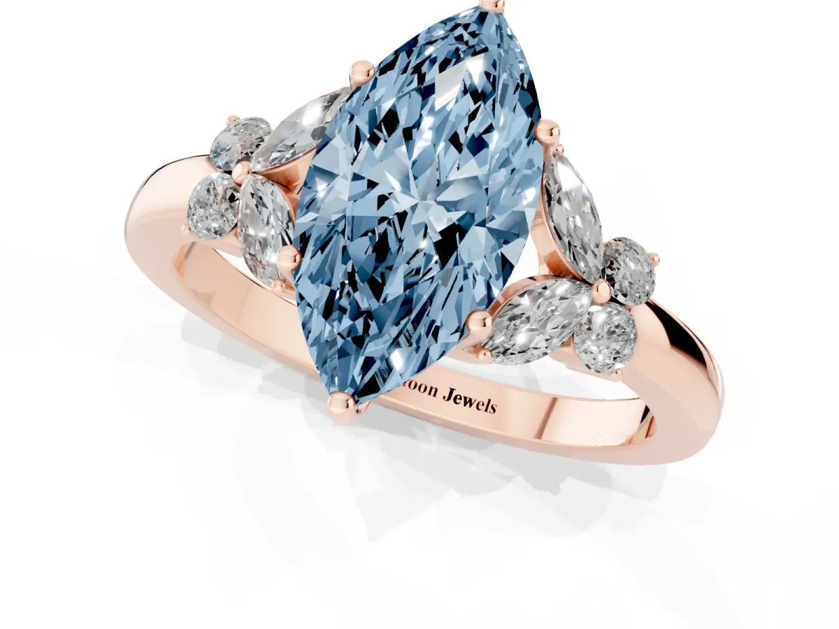 Fancy Blue Marquise Cut Cut Solitaire Floral Diamond Ring with Four-Prong Setting Rose gold