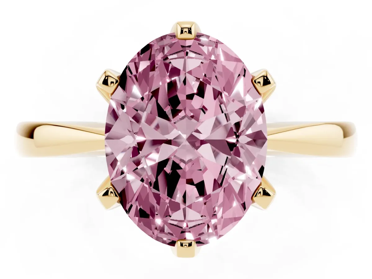Fancy Pink Oval Cut Solitaire Engagement Ring with Six-Prong Setting and Tapered Band Yellow gold
