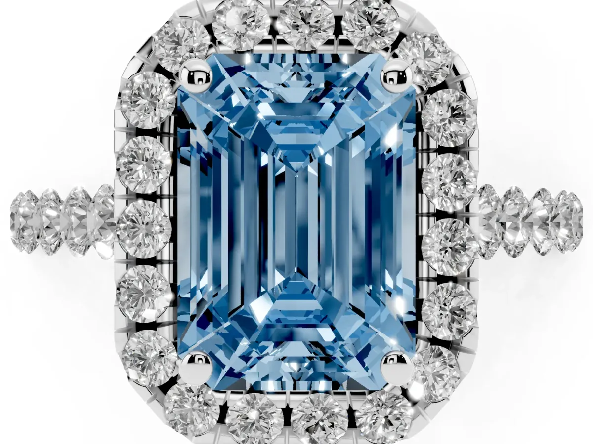 Fancy Blue Emerald Cut Halo Pavé Diamond Engagement Ring with Four-Prong Setting Silver