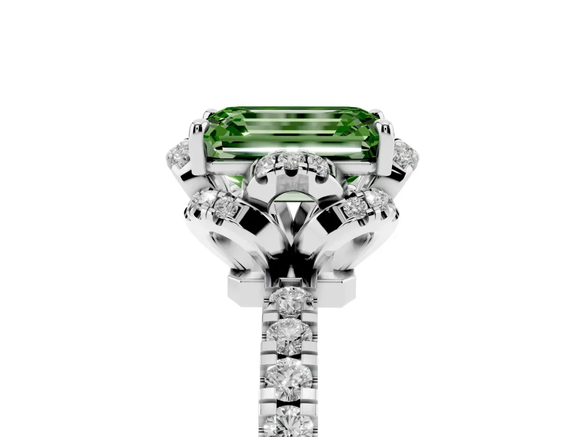 Fancy Green Emerald Cut Halo Diamond Pave Band Ring with Four-Prong Setting Silver