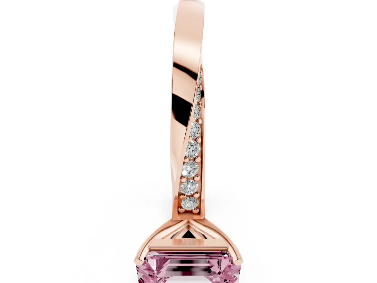 Fancy Pink Emerald Cut Diamond Engagement Ring with Side Stone Accents and Four-Prong Setting Rose gold