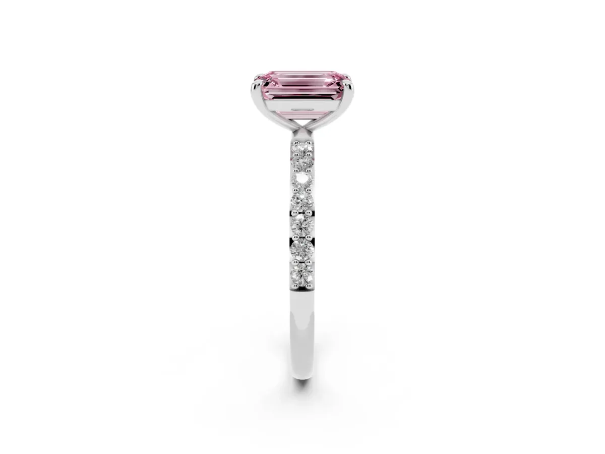Fancy Pink Emerald Cut Diamond Solitaire Ring with Round Pavé Band and Prong Setting Silver