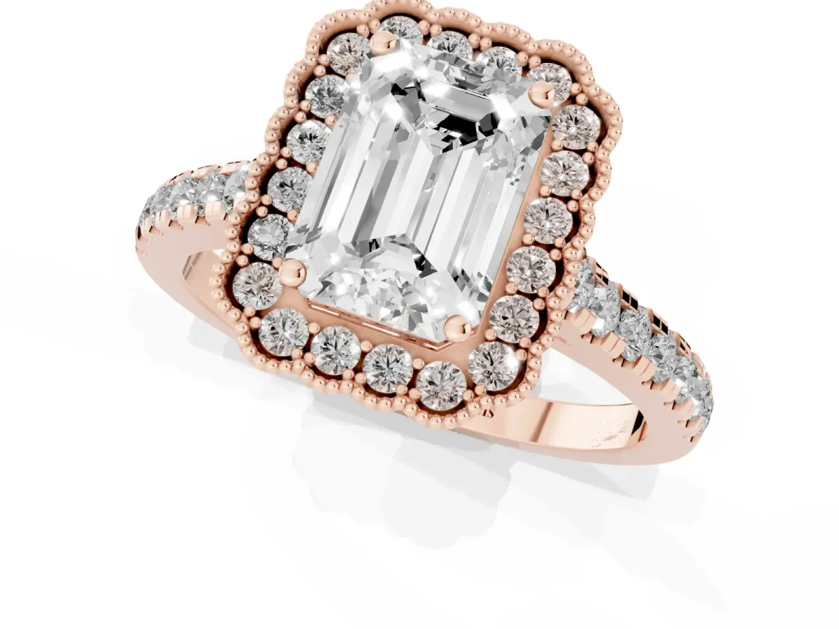 Emerald Cut Cut Diamond Milgrain Floral Halo Engagement Ring with Pavé Band Rose gold