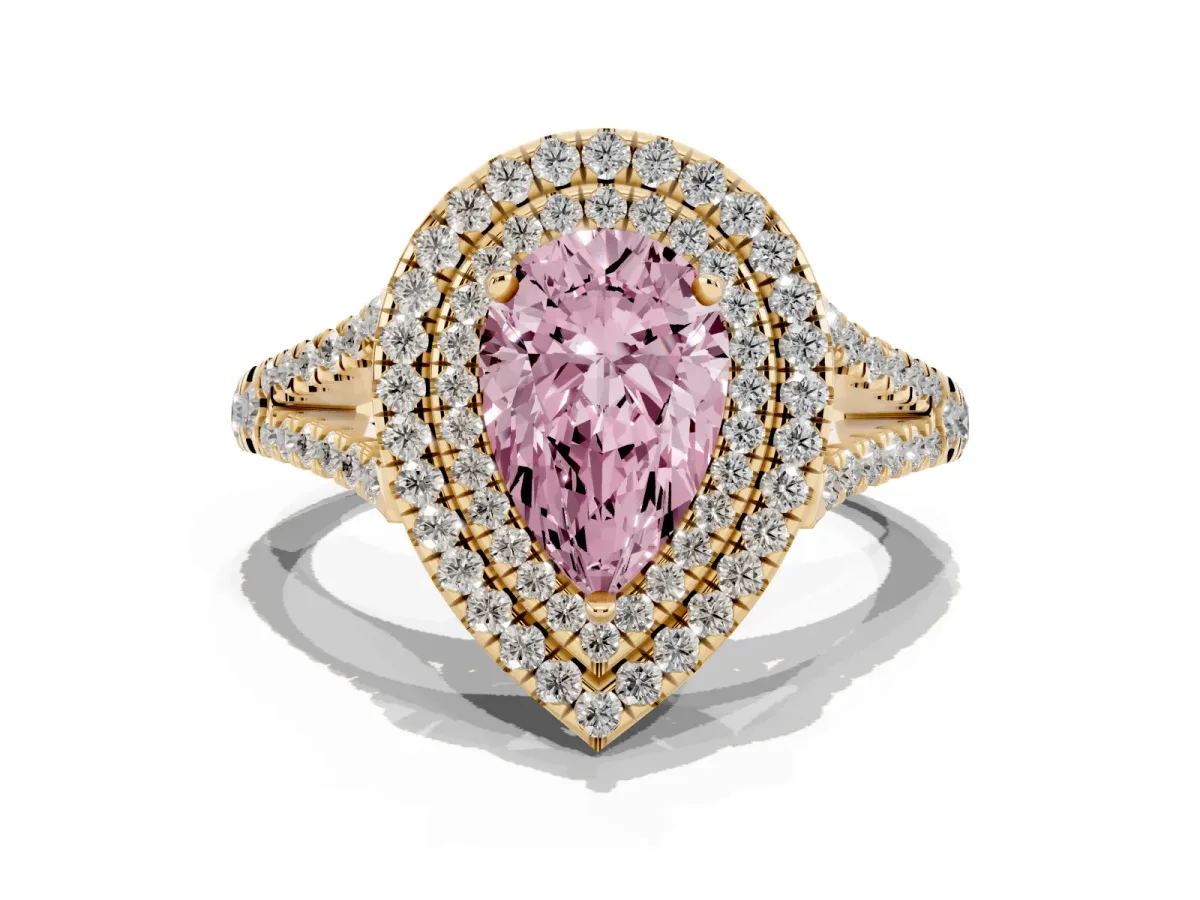 Fancy Pink Pear Cut Diamond Double Halo Ring with Pavé Band and Prong Setting Yellow gold