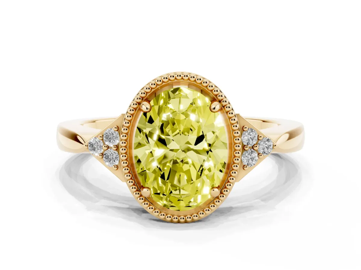 Fancy Yellow Oval Cut Diamond Halo Ring with Tapered Band and Four-Prong Setting Yellow gold