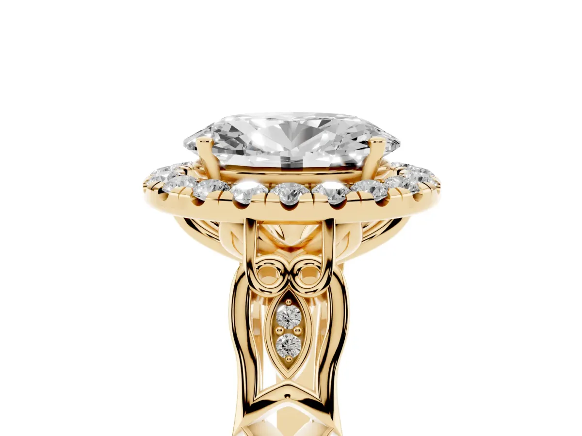 Oval Cut Halo Diamond Engagement Ring with Filigree Band and Four-Prong Setting Yellow gold
