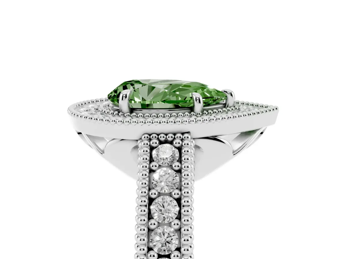 Fancy Green Pear Cut Cut Halo Diamond Ring with Pavé Band and Four-Prong Setting Platinum