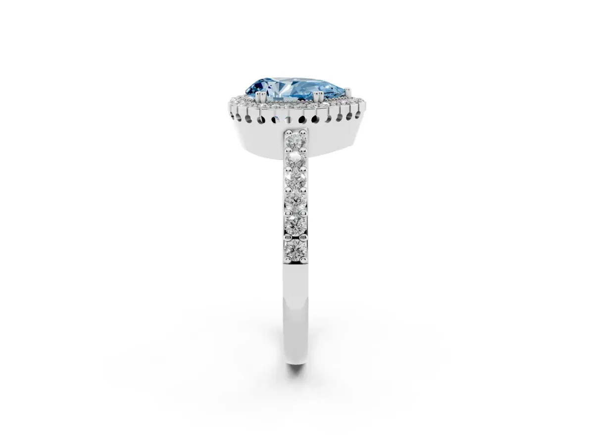 Fancy Blue Pear Cut Cut Diamond Halo Engagement Ring with Milgrain Detail and Pavé Band White gold
