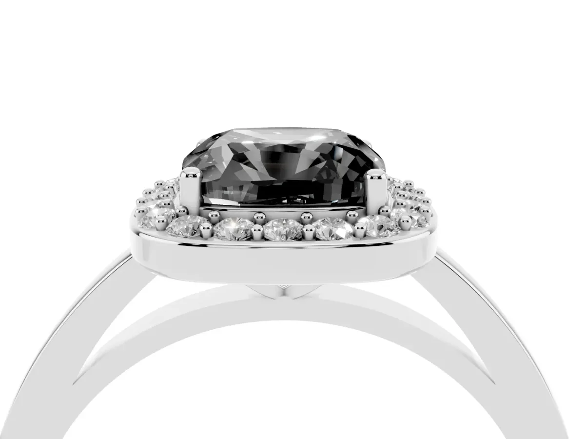 Fancy Black Cushion Cut Halo Diamond Ring with Solitaire Band and Prong Setting Platinum