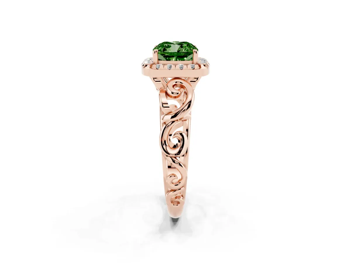 Fancy Green Cushion Cut Cut Halo Diamond Ring with Scrollwork Band and Four-Prong Setting Rose gold