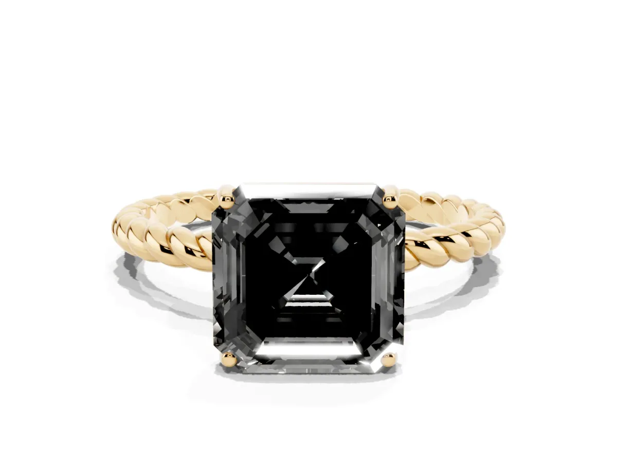 Fancy Black Asscher Cut Solitaire Twisted Band 4-Prong Ring Yellow gold
