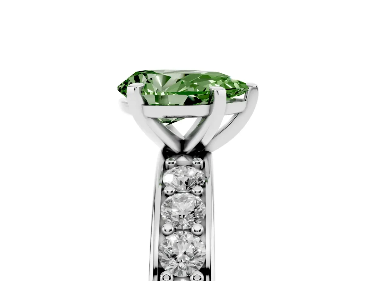 Fancy Green Pear Cut Diamond Engagement Ring with Channel Set Round Band and Prong Setting Platinum