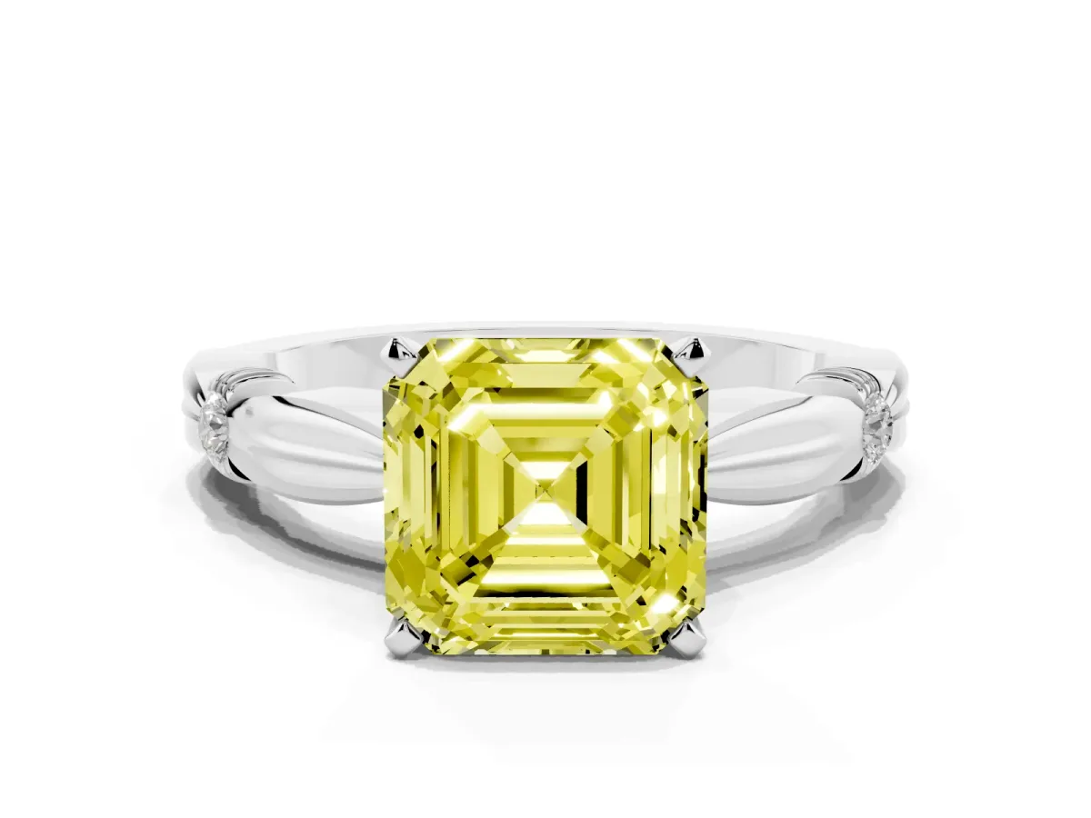 Fancy Yellow Asscher Cut Solitaire Diamond Twisted Band with Four-Prong Setting Silver