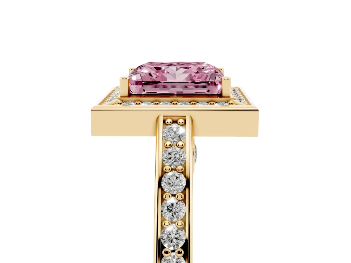Fancy Pink Princess Cut Cut Halo Pave Split Shank Prong Setting Ring Yellow gold