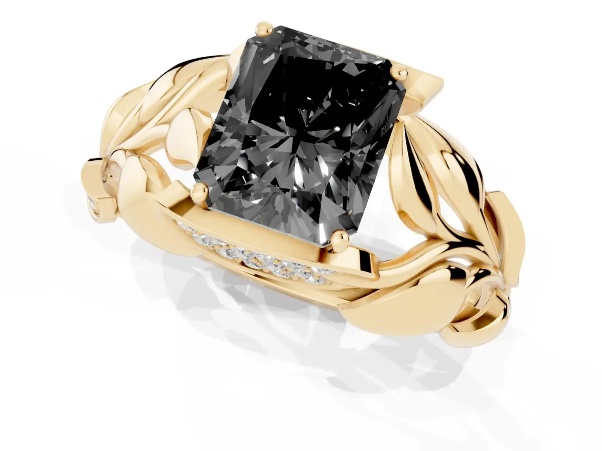 Fancy Black Radiant Cut Diamond Leaf-Inspired Engagement Ring with Round Accents and Prong Setting Yellow gold