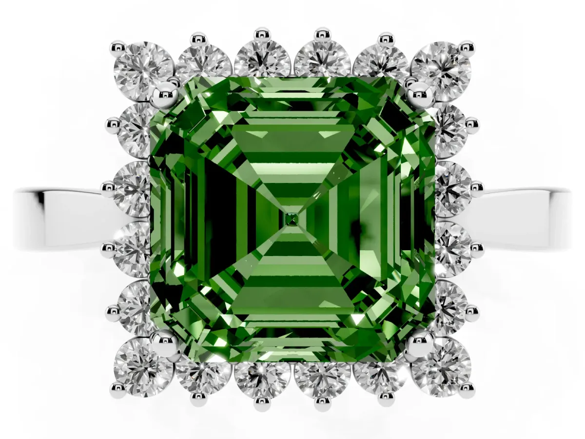 Fancy Green Asscher Cut Cut Diamond Halo Ring with Round Brilliant Halo and Solitaire Band Silver