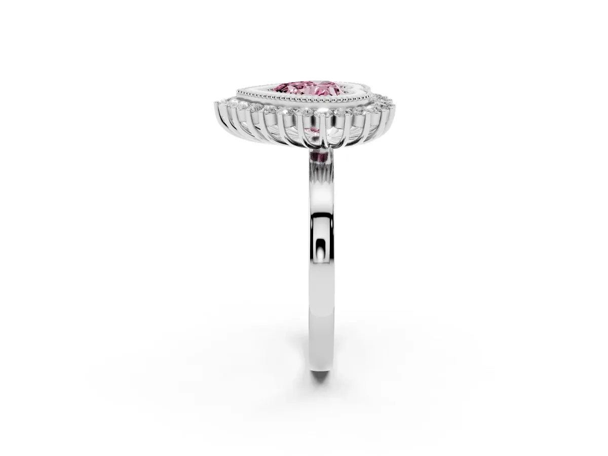 Fancy Pink Heart Cut Halo Diamond Ring with Milgrain Edge and Round Prong Setting Silver