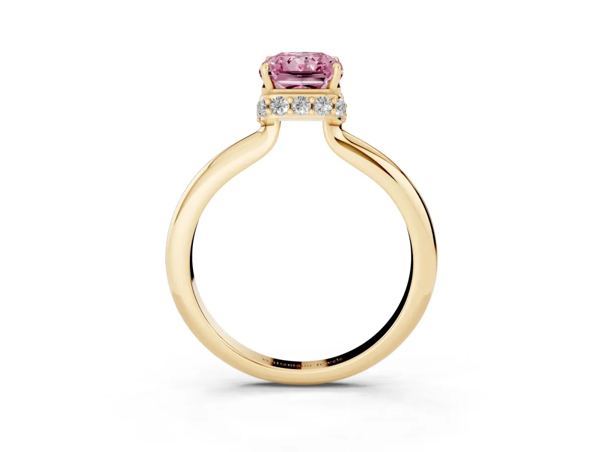 Fancy Pink Radiant Cut Brilliant Solitaire Engagement Ring with Six-Prong Setting and Classic Band Yellow gold