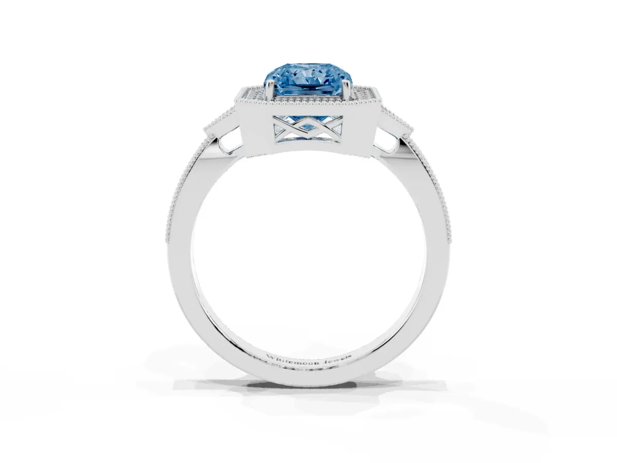 Fancy Blue Radiant Cut Halo Round Diamond Milgrain Pave Engagement Ring Platinum