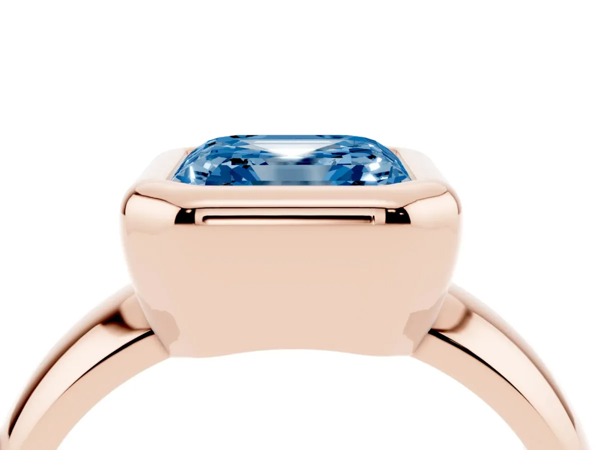 Fancy Blue Bezel Set Asscher Cut Solitaire Ring with Wide Band Rose gold