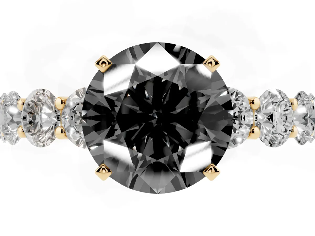 Fancy Black Round Cut Diamond Prong Setting with Side Stones on a Pave Band Yellow gold