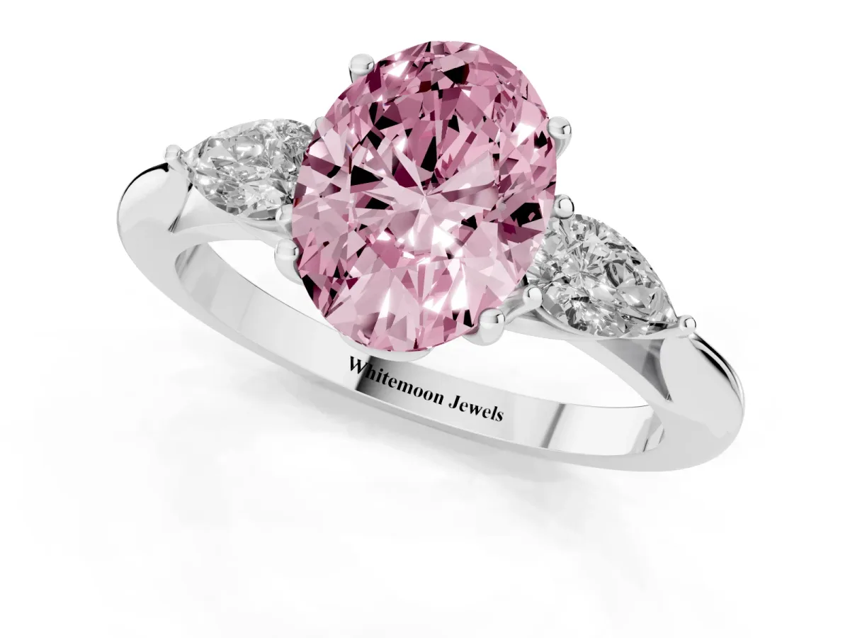 Fancy Pink Oval Cut Diamond Three-Stone Ring with Pear Side Stones and Prong Setting Silver