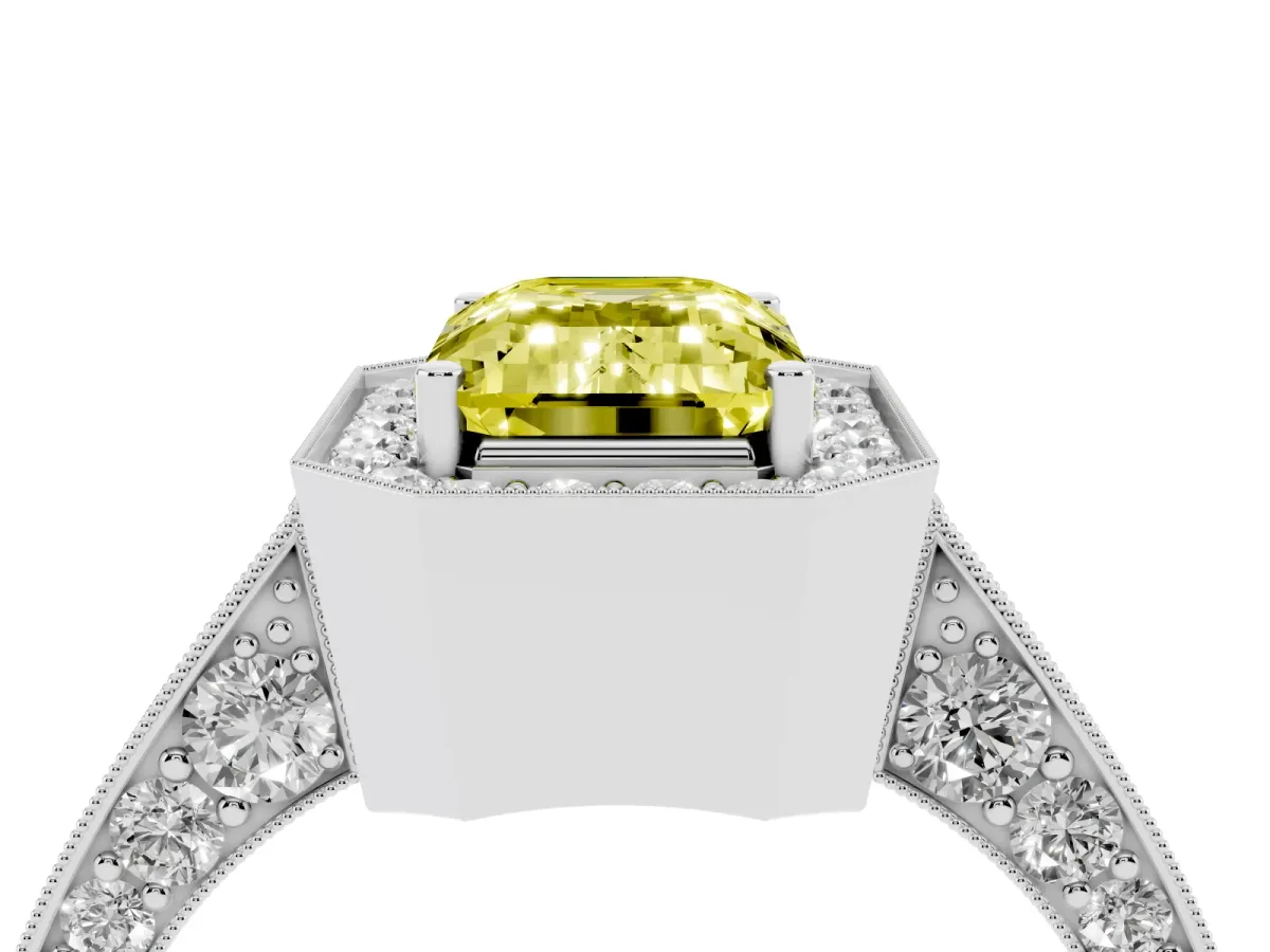 Fancy Yellow Emerald Cut Halo Diamond Engagement Ring with Split Shank Band and Four-Prong Setting Silver