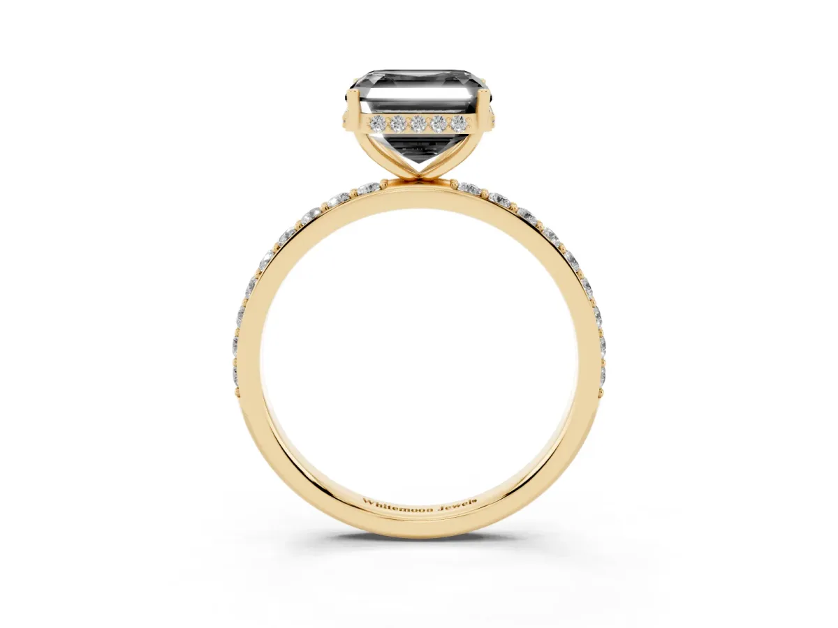 Fancy Black Asscher Cut Diamond Solitaire Ring with Pavé Band and Hidden Halo Yellow gold