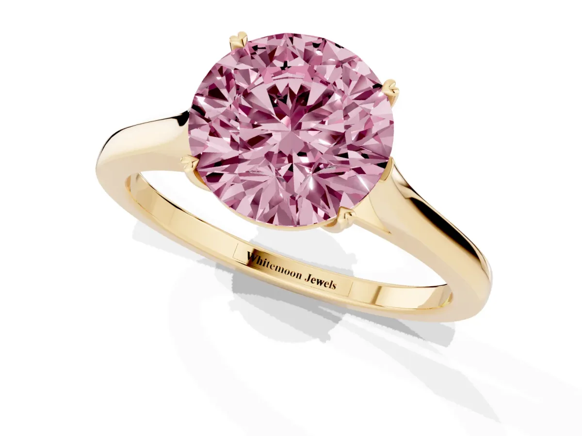 Fancy Pink Round Cut Solitaire Heart Prong Engagement Ring with Tapered Band Yellow gold