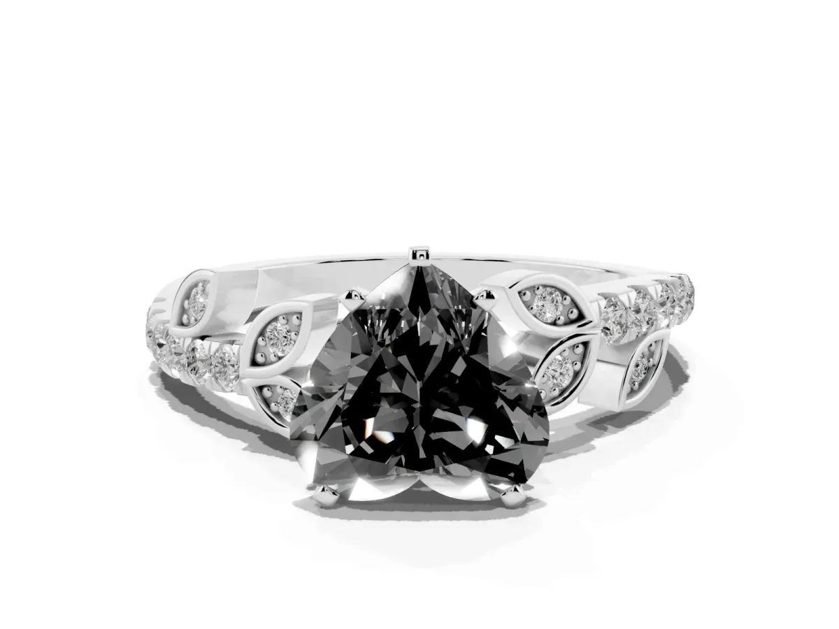 Fancy Black Heart Cut Solitaire Leaf-Inspired Diamond Ring with Pavé Band and Four-Prong Setting Silver